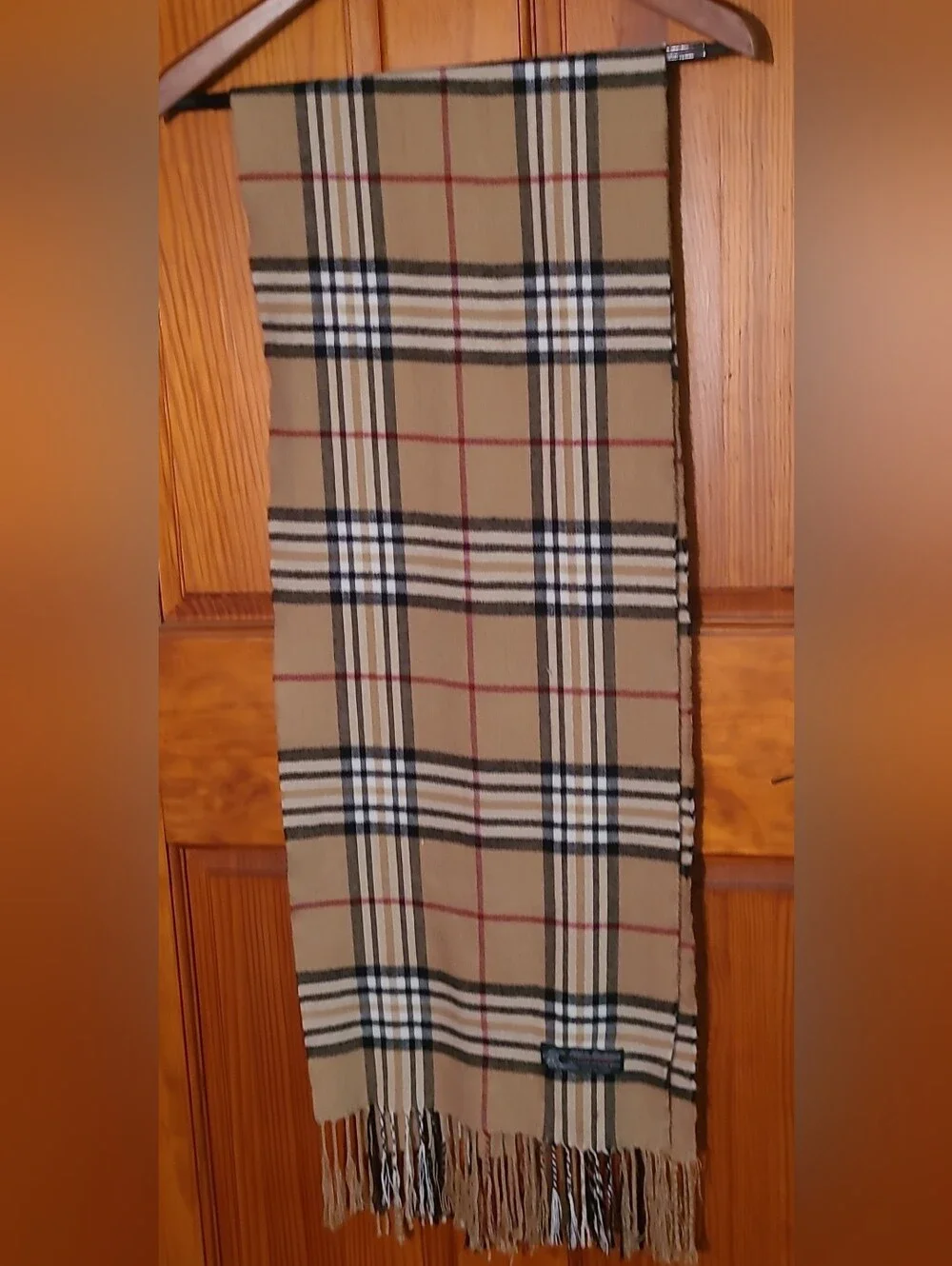 Classic Tan Plaid Scarf with Black, White and Red Stripes Cashmere NWOT Italy
